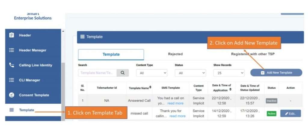 SMS Template registration process on DLT registered telecom operators platform.