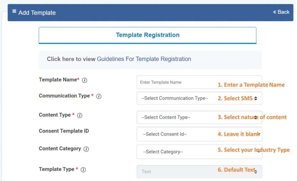 SMS Template registration process on DLT registered telecom operators platform.