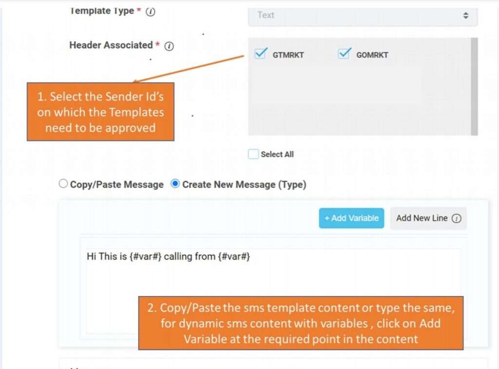 SMS Template registration process on DLT registered telecom operators platform.