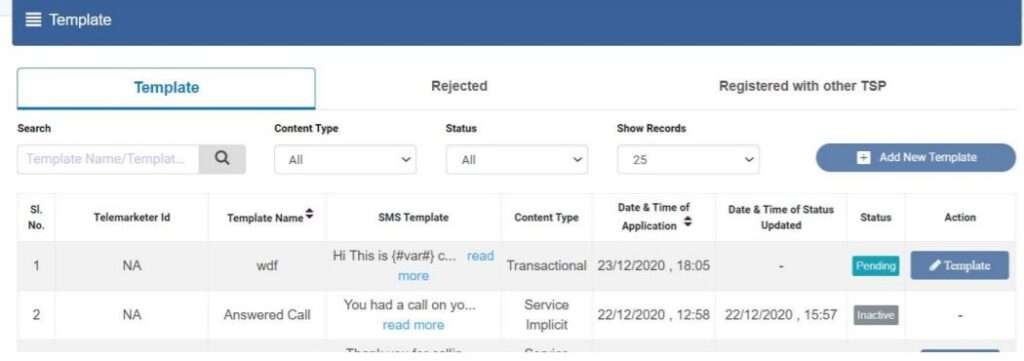 SMS Template registration process on DLT registered telecom operators platform.